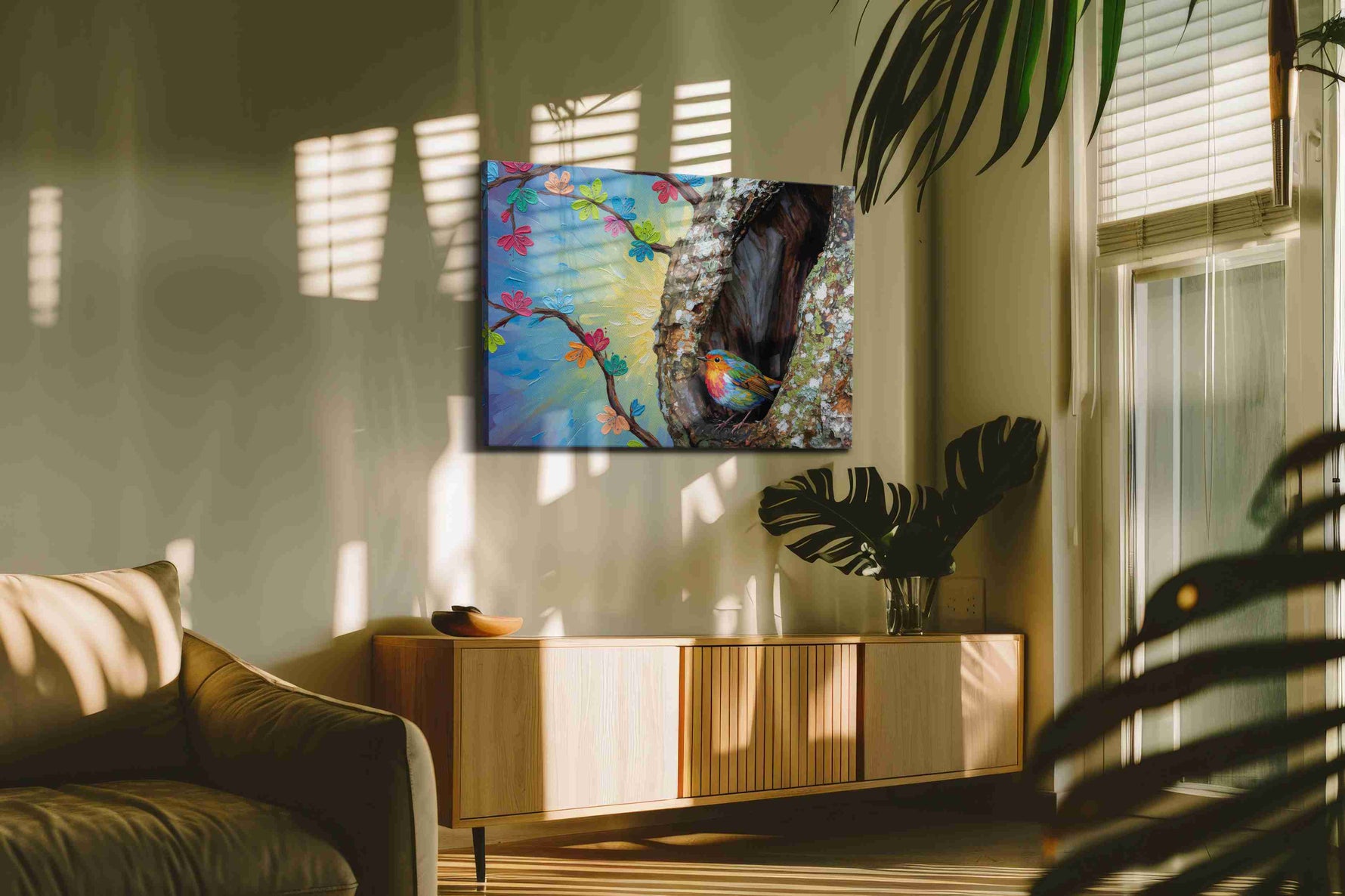Whisper of the Painted Woods birds canvas print, hanging on wall