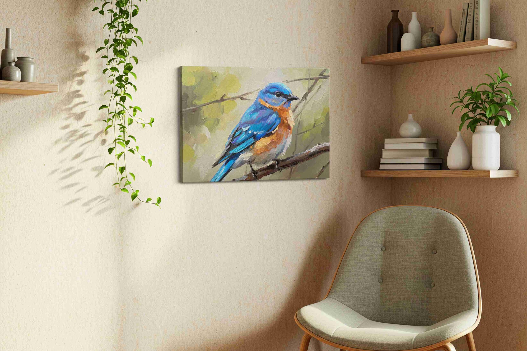 Whispering Wings in Spring birds canvas print, displayed in a living room