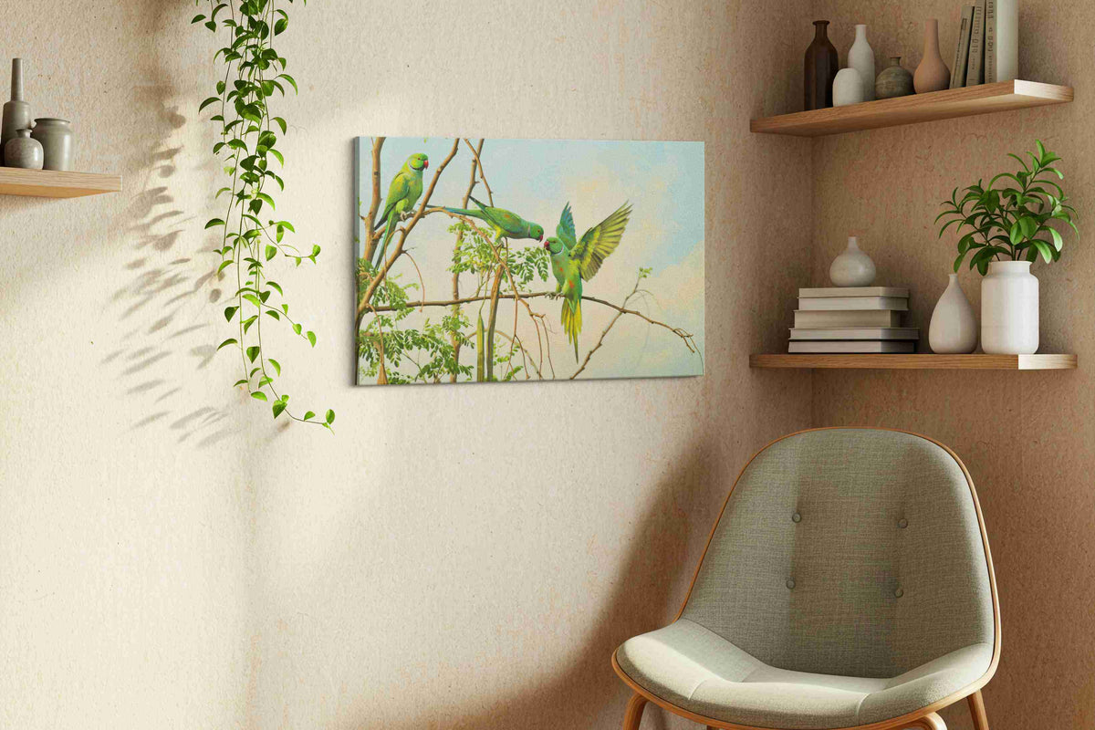 Whispers of Emerald Skies birds canvas print, displayed in a living room