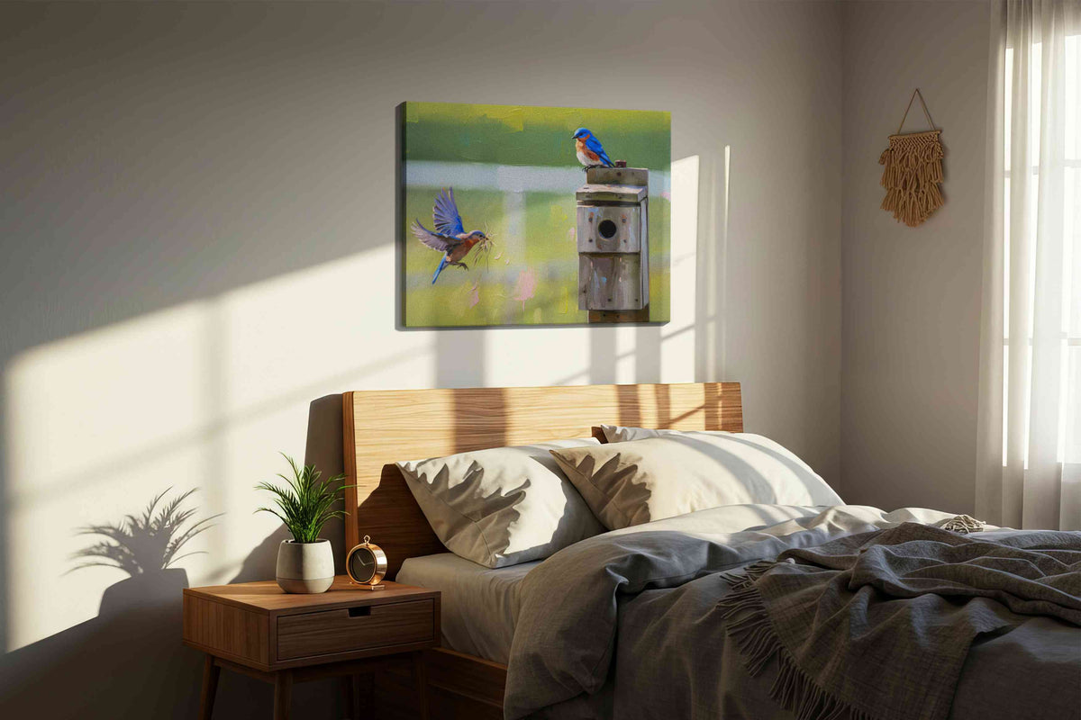 Whispers of the Bluebirds birds canvas print, displayed in a bedroom