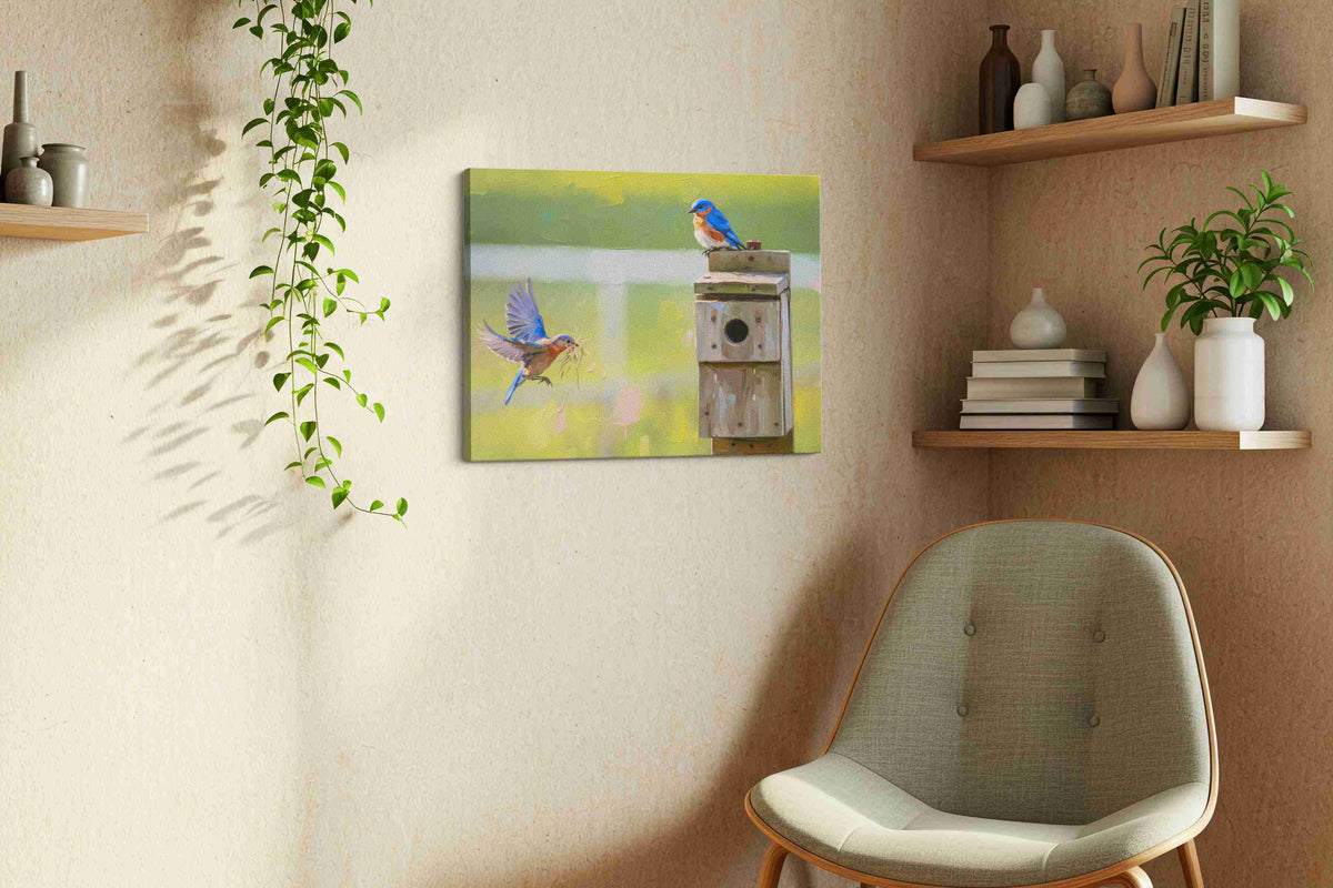Whispers of the Bluebirds birds canvas print, displayed in a living room