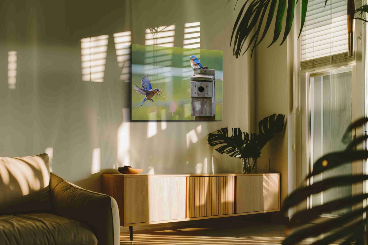 Whispers of the Bluebirds birds canvas print in a hung canvas mockup