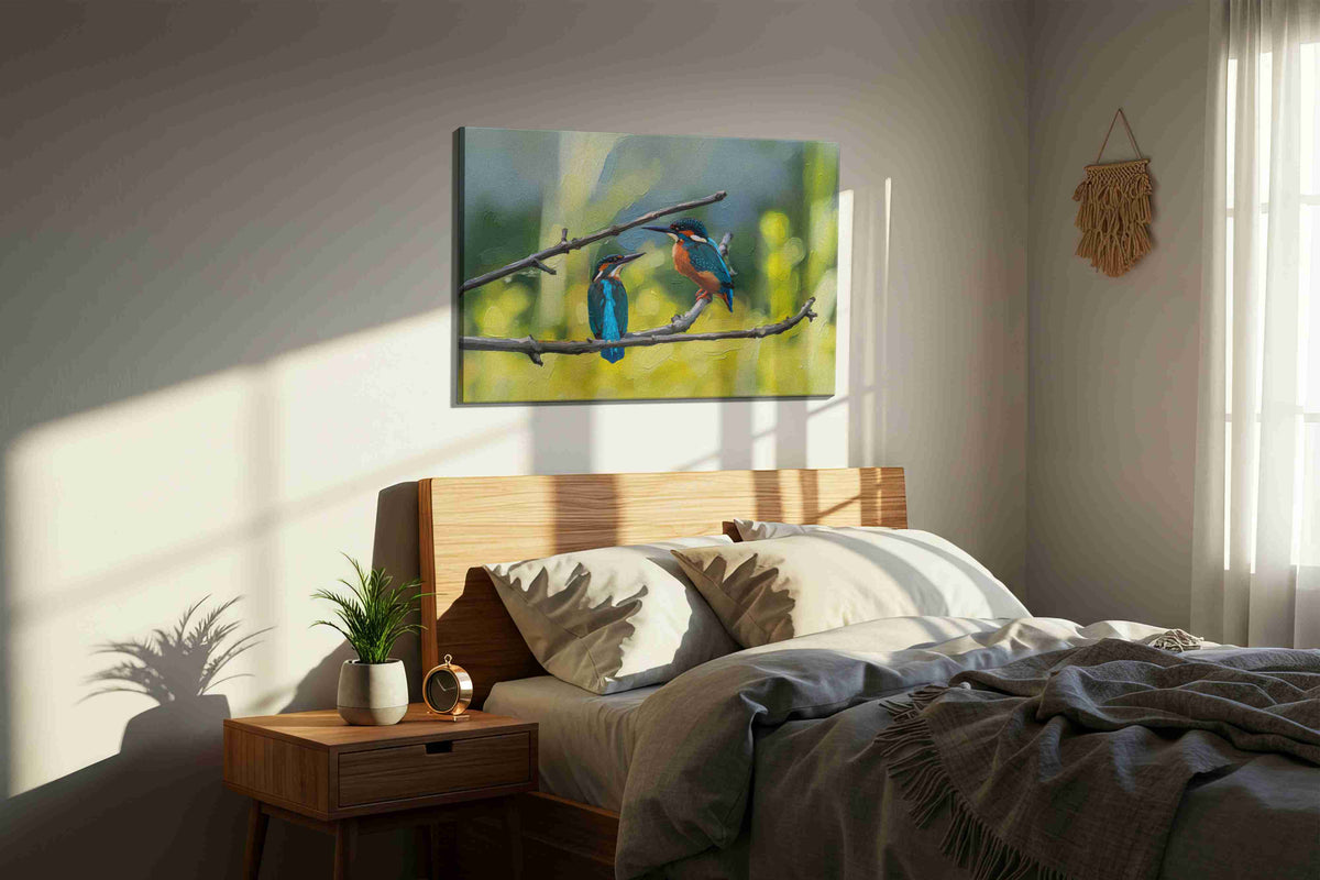 Whispers of the Kingfishers birds canvas print, displayed in a bedroom