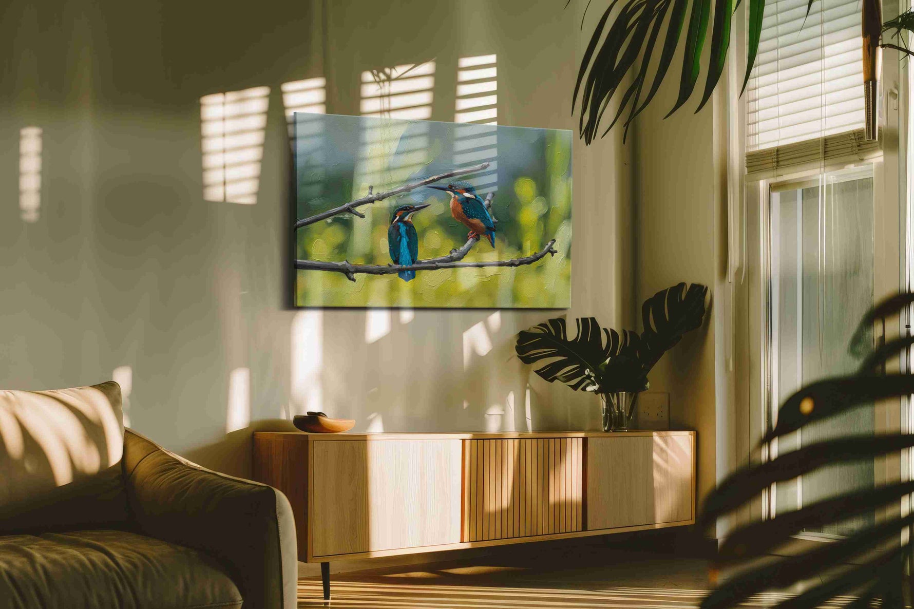 Whispers of the Kingfishers birds canvas print in a hung canvas mockup