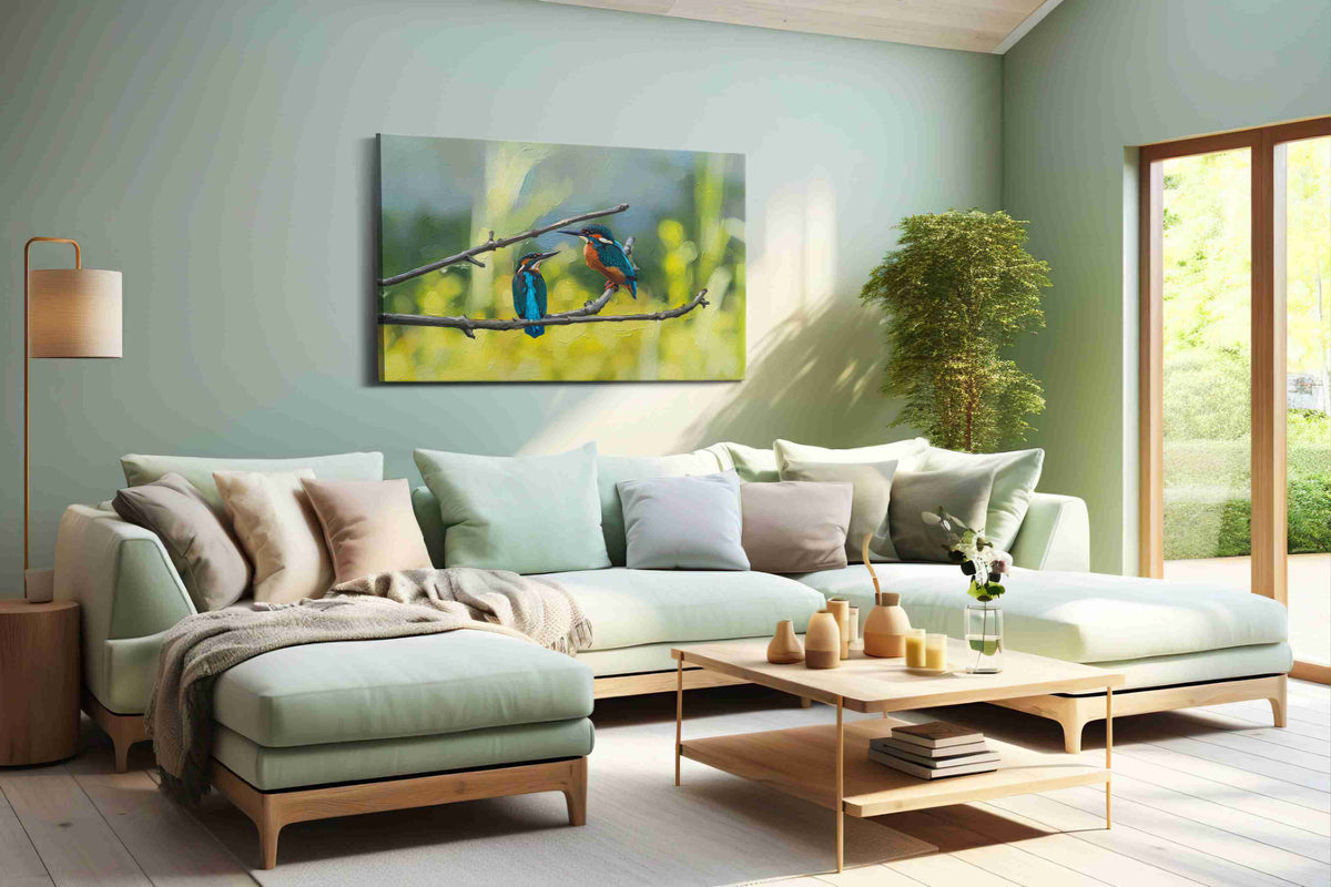 Whispers of the Kingfishers birds canvas print shown in a wall scene