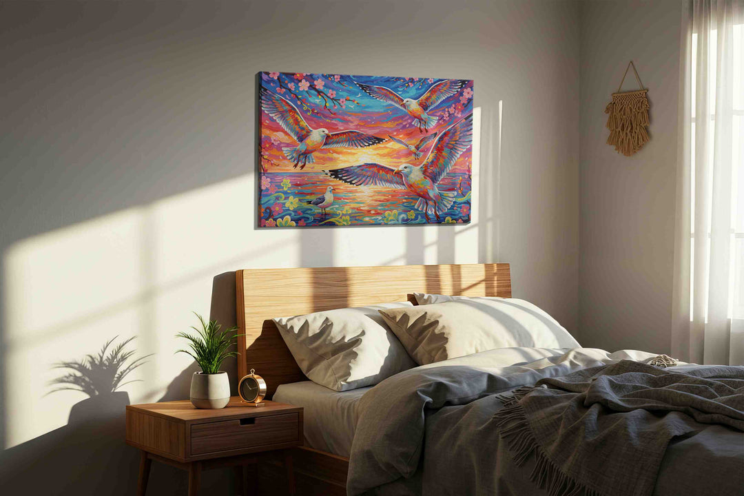 Wings Over Sunset Waves – birds canvas wall art, gallery-wrapped, ready to hang