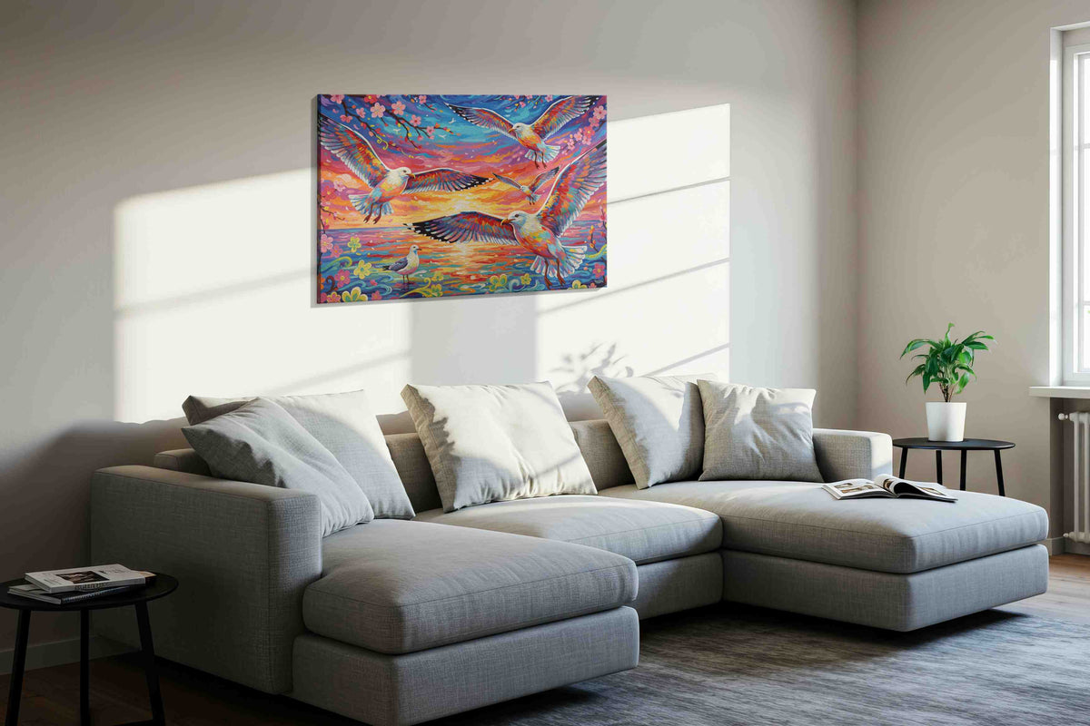 Wings Over Sunset Waves birds canvas print in a living room scene