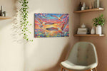 Wings Over Sunset Waves birds canvas print, displayed in a living room