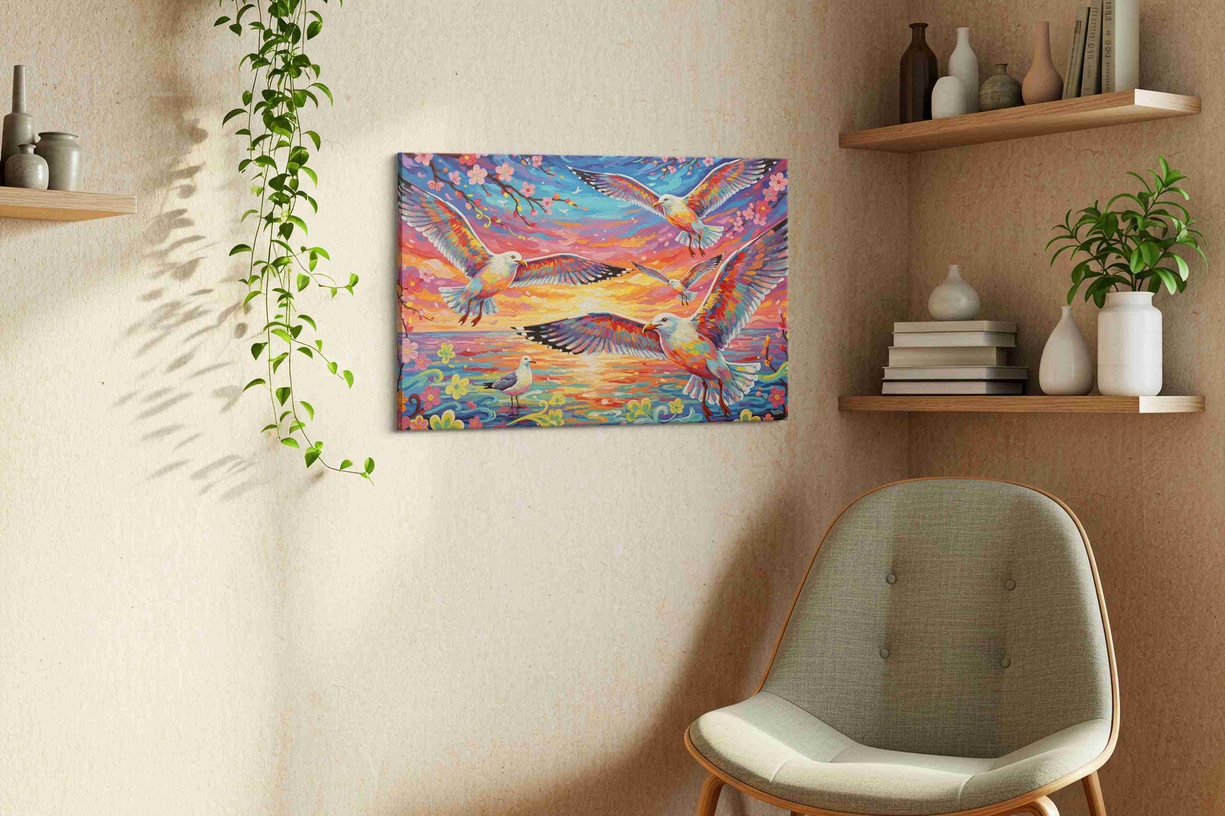 Wings Over Sunset Waves birds canvas print, displayed in a living room