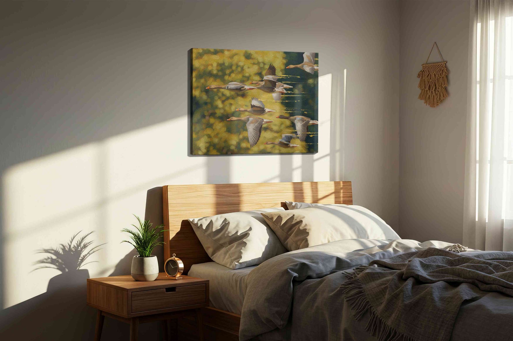 Wings of Freedom birds canvas print, displayed in a bedroom