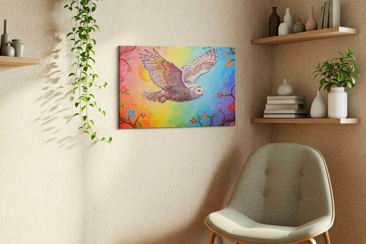 Wings of Radiant Dawn birds canvas print, displayed in a living room