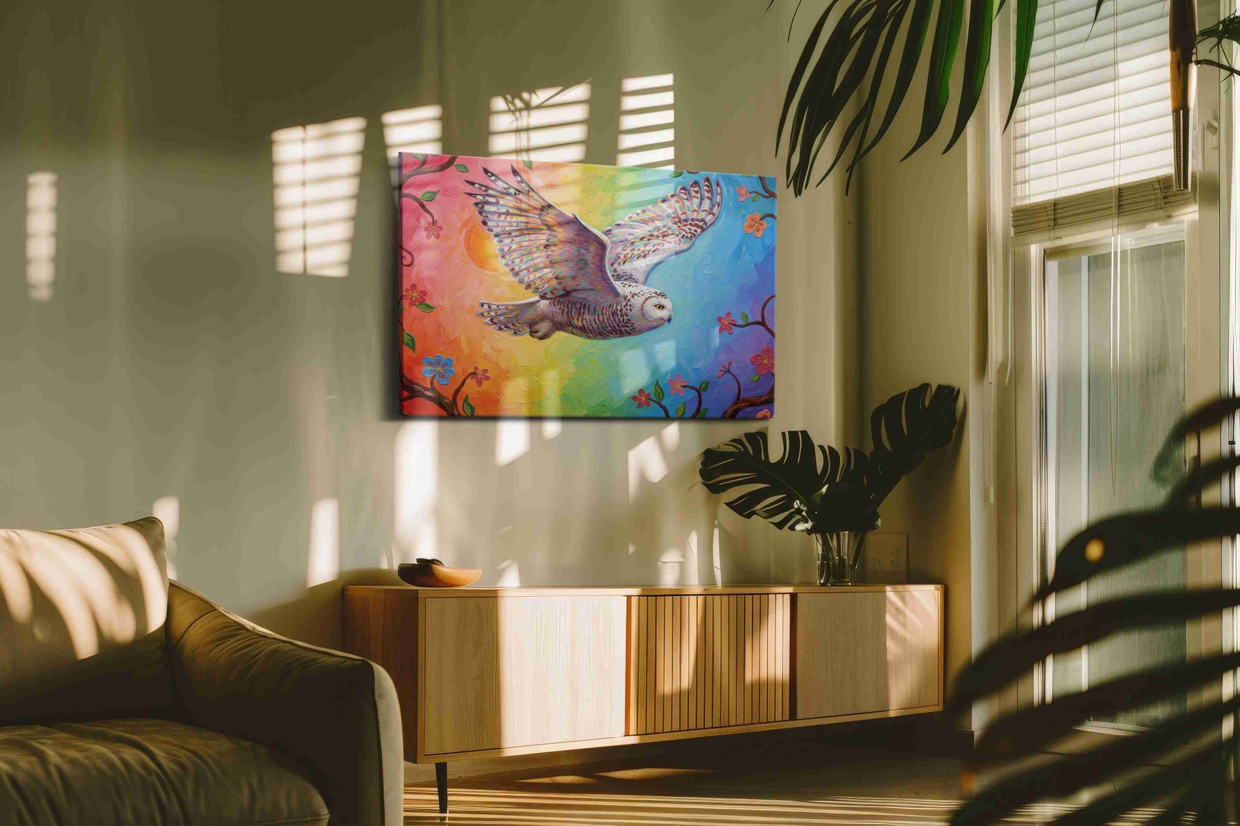 Wings of Radiant Dawn birds canvas print in a contemporary interior mockup