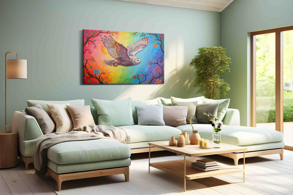 Wings of Radiant Dawn birds canvas print, hanging on wall