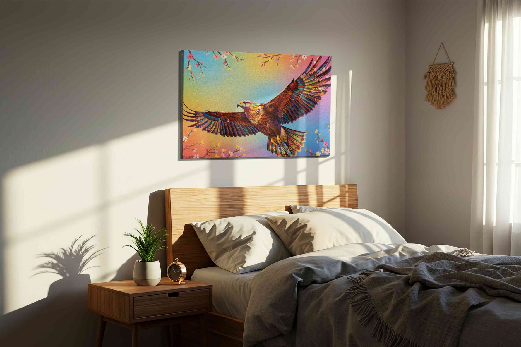 Wings of Vibrant Freedom birds canvas print, displayed in a bedroom