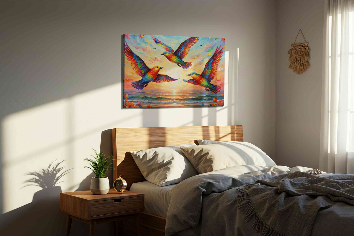 Wings of a Vibrant Dawn birds canvas print, displayed in a bedroom