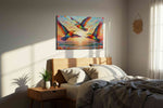 Wings of a Vibrant Dawn birds canvas print, displayed in a bedroom