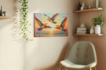Wings of a Vibrant Dawn birds canvas print, displayed in a living room