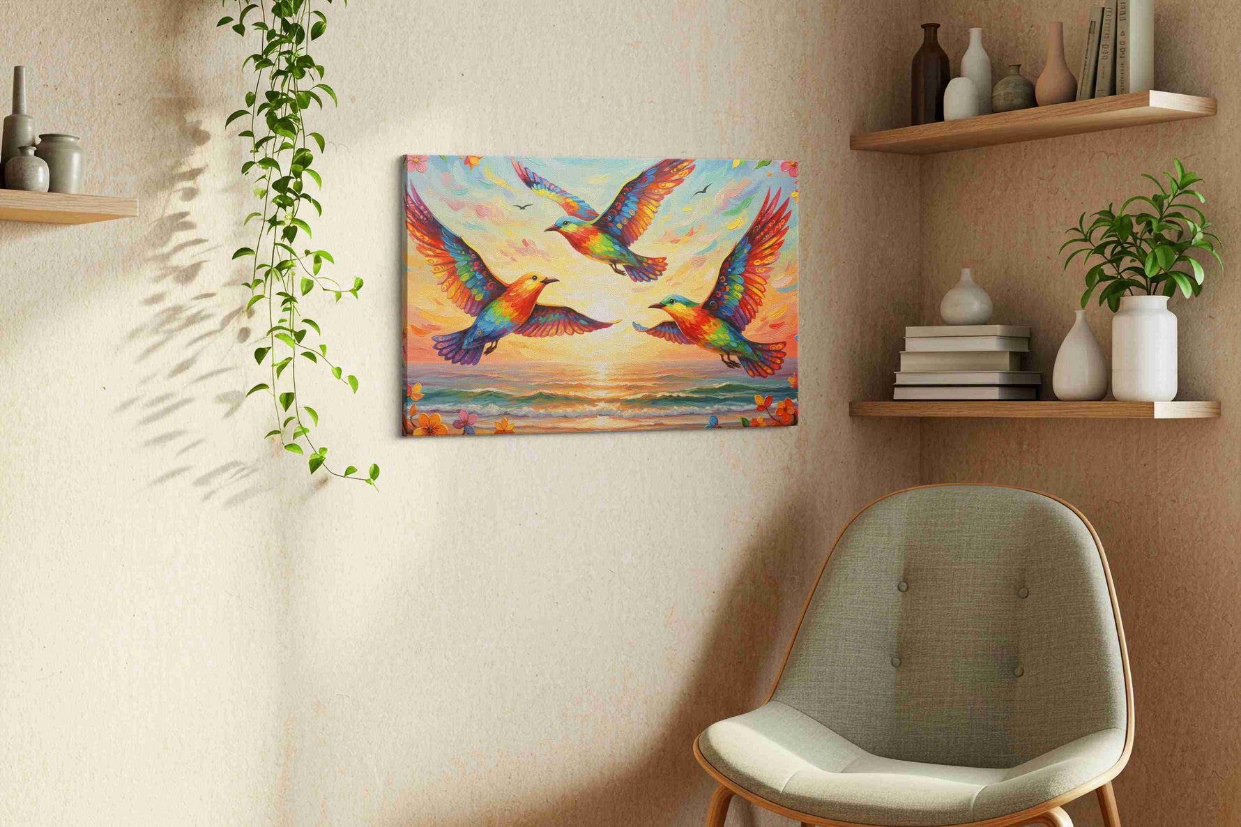 Wings of a Vibrant Dawn birds canvas print, displayed in a living room