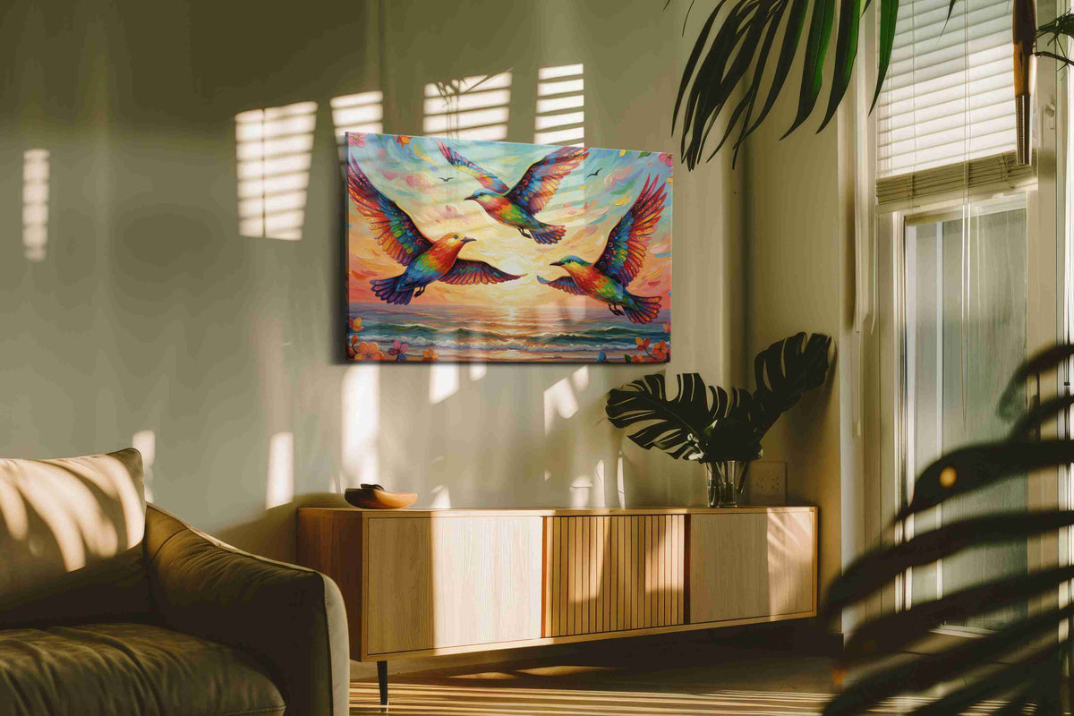 Wings of a Vibrant Dawn birds canvas print, on wall, lifestyle preview