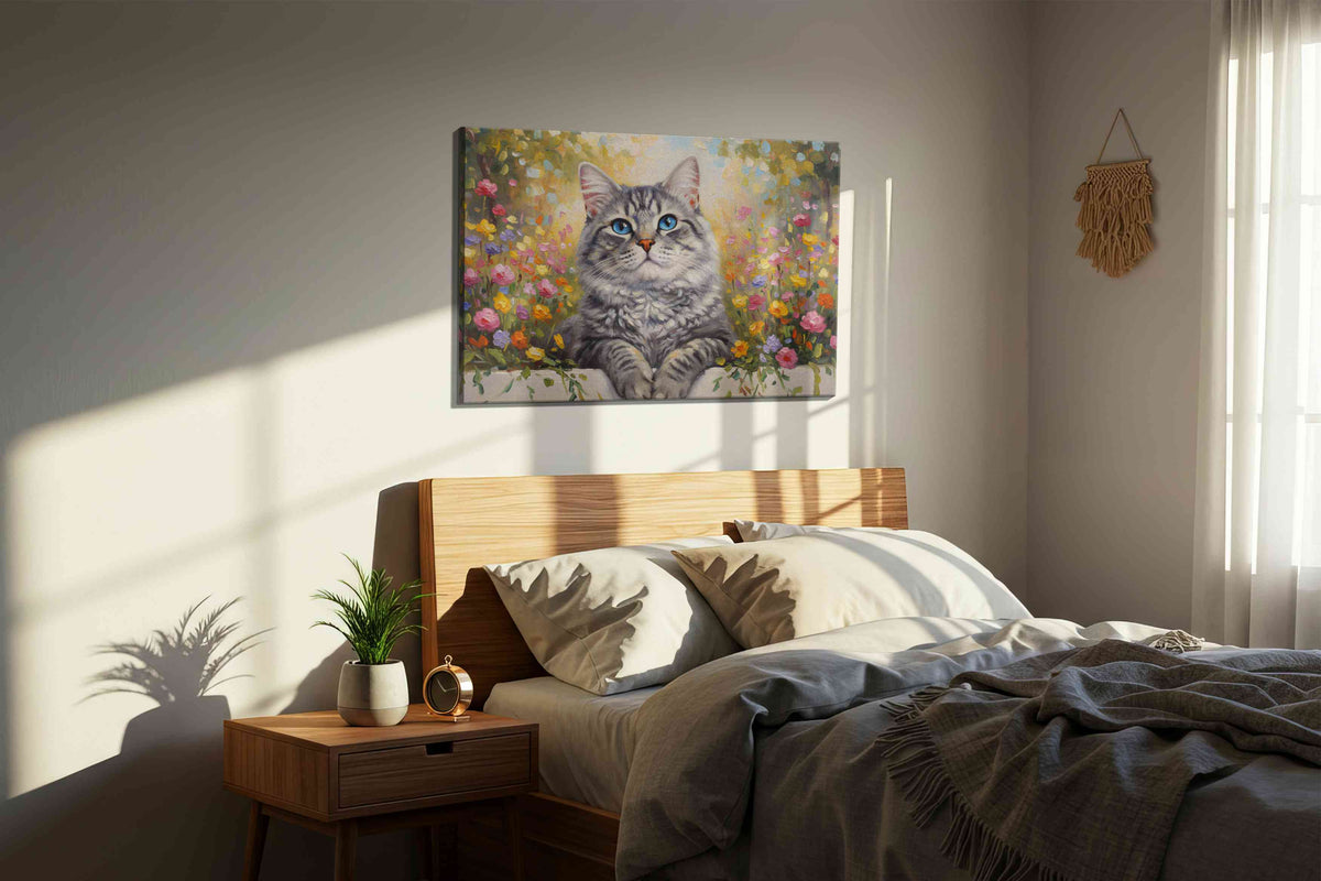 Blossom Guardian cats canvas print, displayed in a bedroom