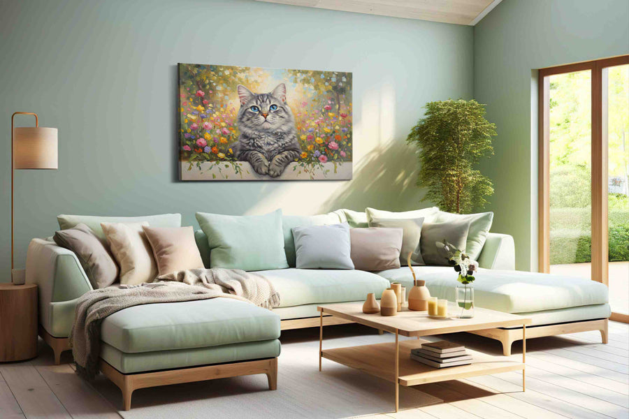 Blossom Guardian cats canvas print, hanging on wall