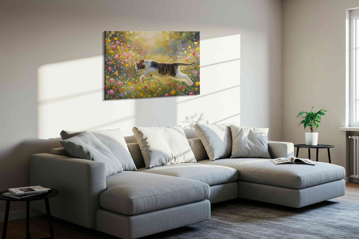 Chasing Dawn's Whimsy cats canvas print in a living room scene