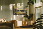 Chasing Dawn's Whimsy cats canvas print, on wall, lifestyle preview