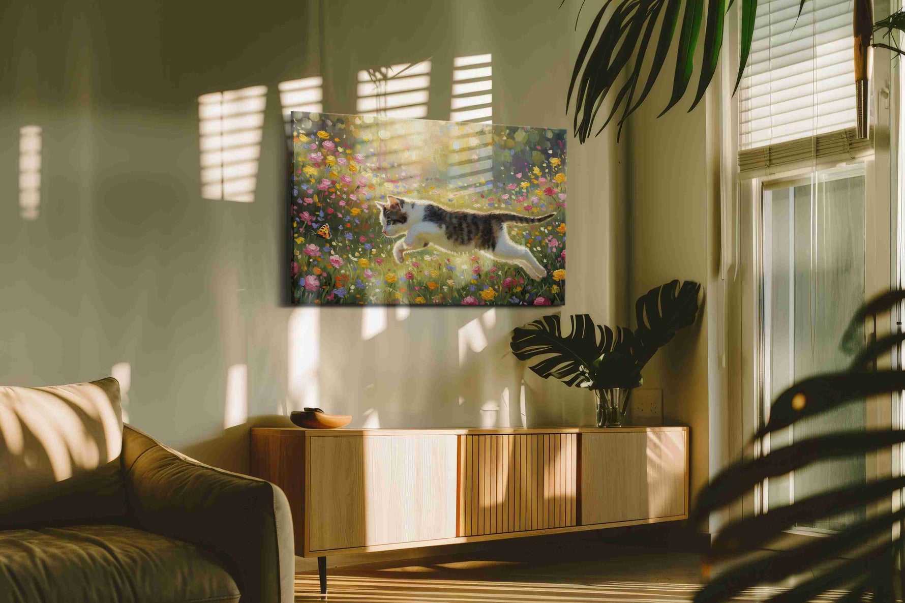 Chasing Dawn's Whimsy cats canvas print, on wall, lifestyle preview