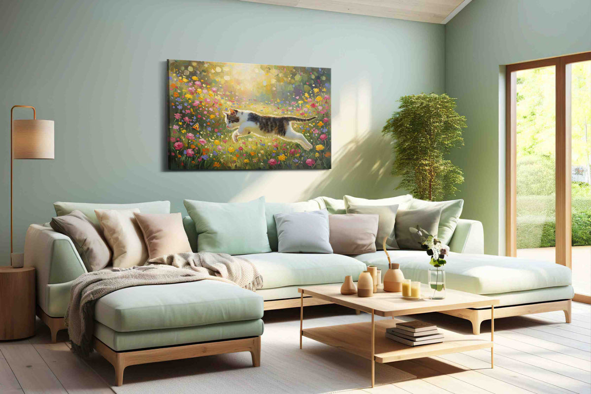 Chasing Dawn's Whimsy cats canvas print, hanging on wall