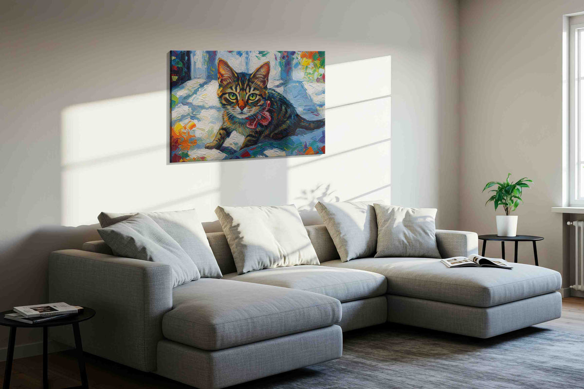 Colorful Whisker Symphony cats canvas print, displayed in a living room