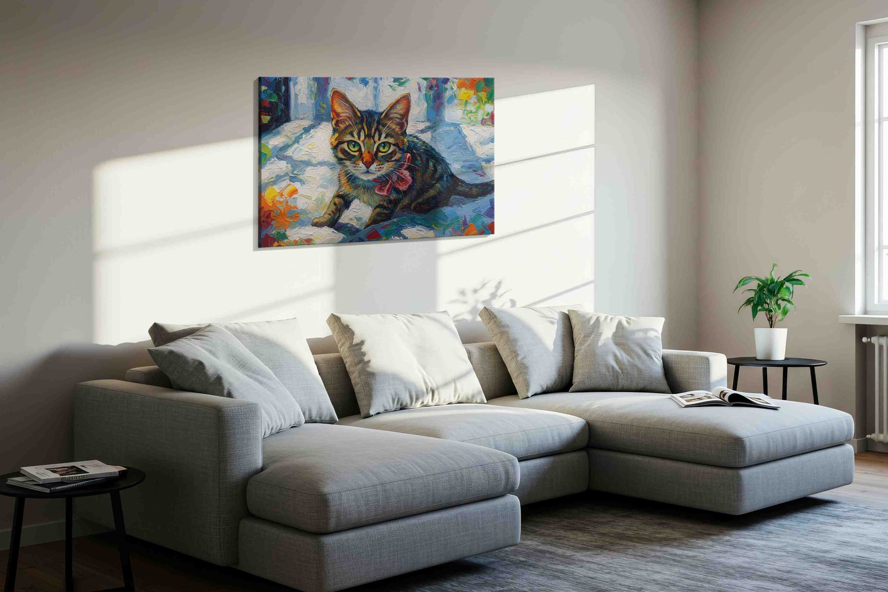 Colorful Whisker Symphony cats canvas print, displayed in a living room