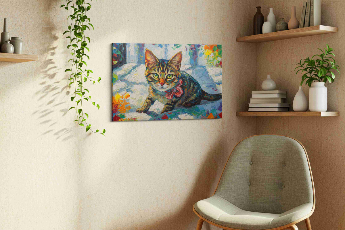 Colorful Whisker Symphony cats canvas print styled in a living room