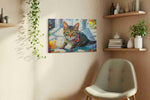 Colorful Whisker Symphony cats canvas print styled in a living room