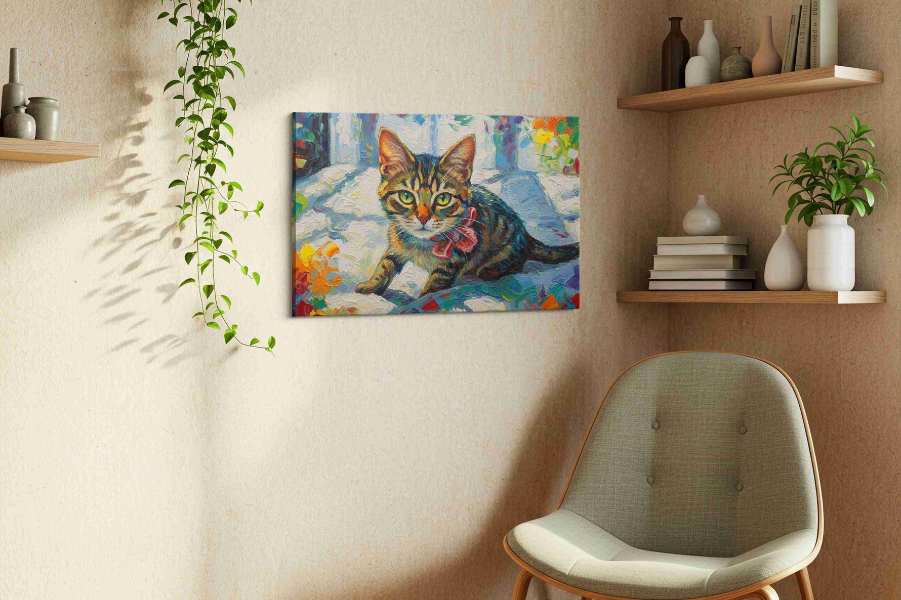 Colorful Whisker Symphony cats canvas print styled in a living room
