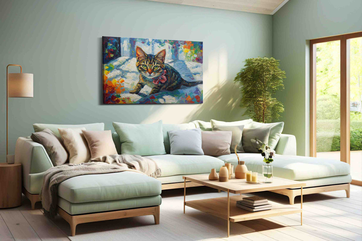 Colorful Whisker Symphony cats canvas print, hanging on wall