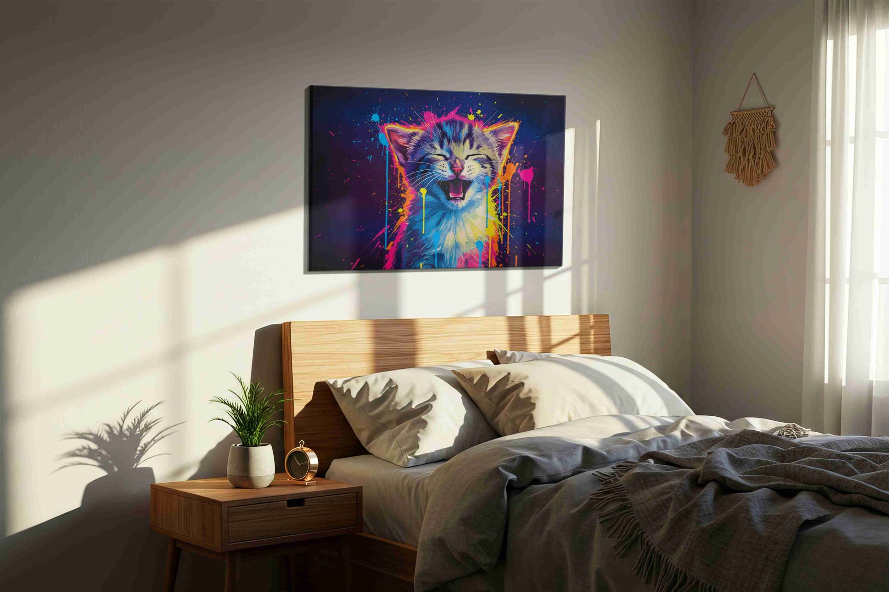 Cosmic Kitten Radiance cats canvas print, displayed in a bedroom