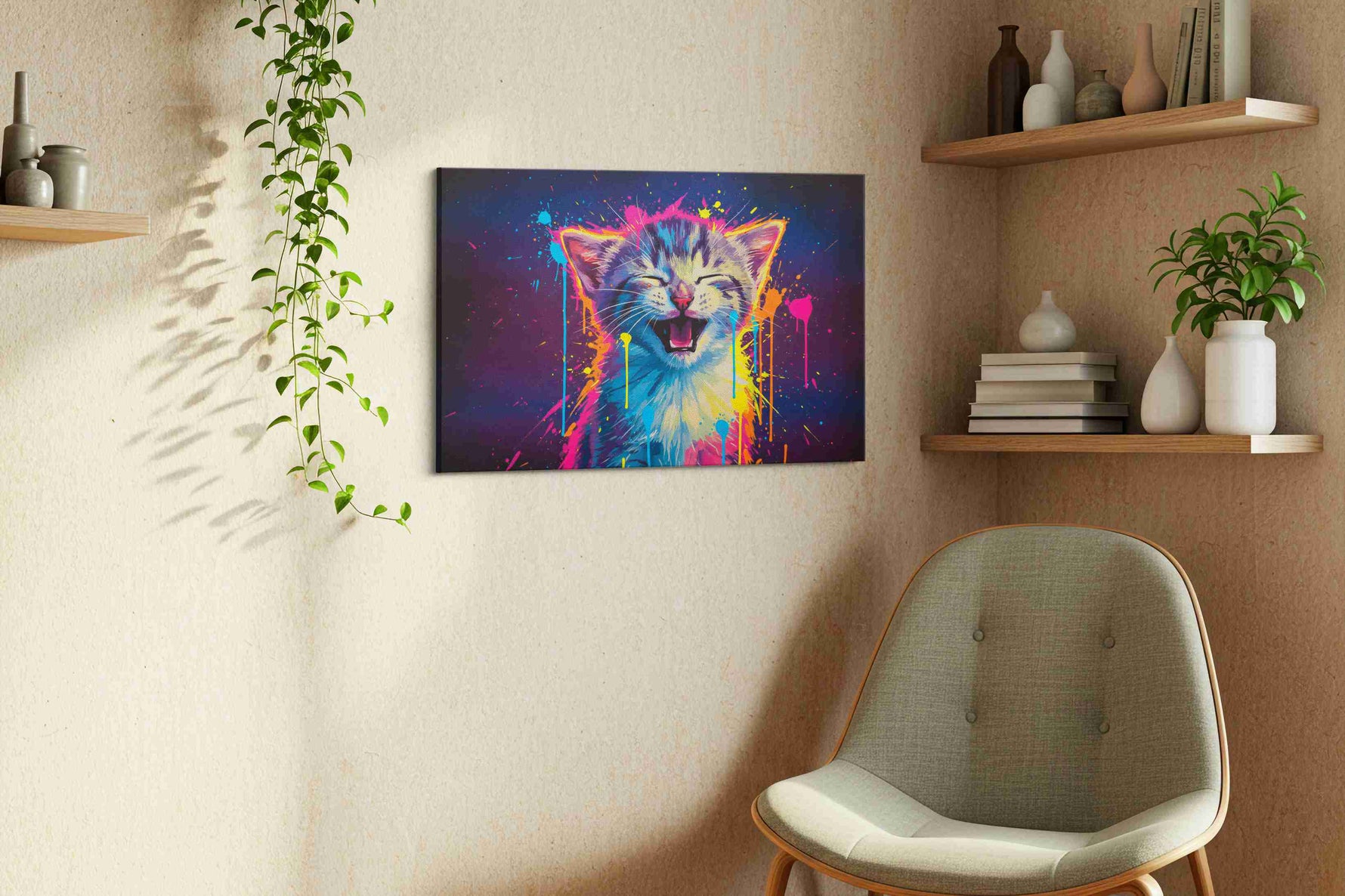 Cosmic Kitten Radiance cats canvas print styled in a living room