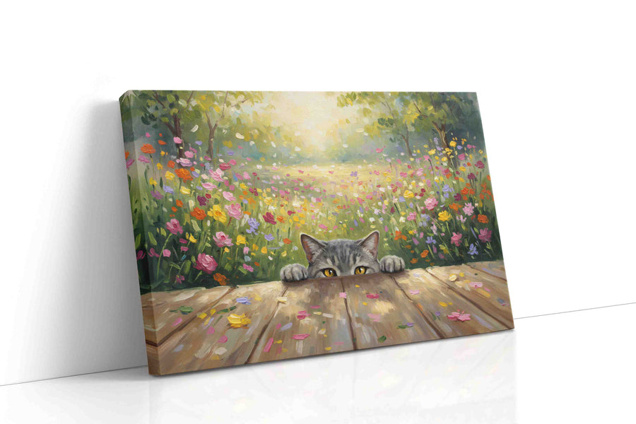 Curious Whiskers in Bloom cats canvas print gallery-wrapped landscape canvas studio shot