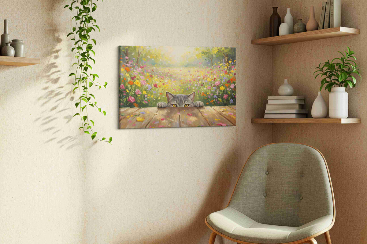 Curious Whiskers in Bloom cats canvas print, displayed in a living room