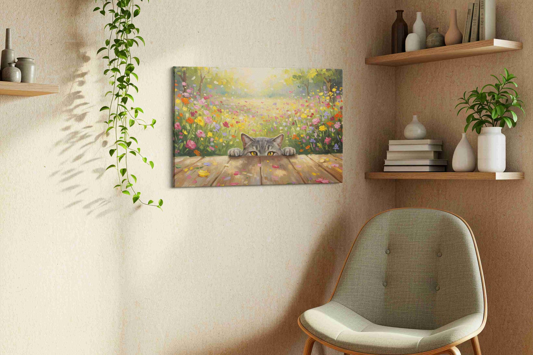 Curious Whiskers in Bloom cats canvas print, displayed in a living room