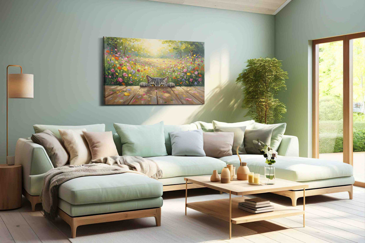 Curious Whiskers in Bloom cats canvas print, hanging on wall