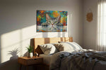 Curious Whiskers in Color cats canvas print, displayed in a bedroom