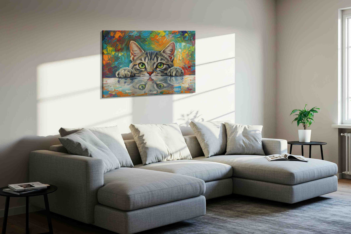 Curious Whiskers in Color cats canvas print, displayed in a living room