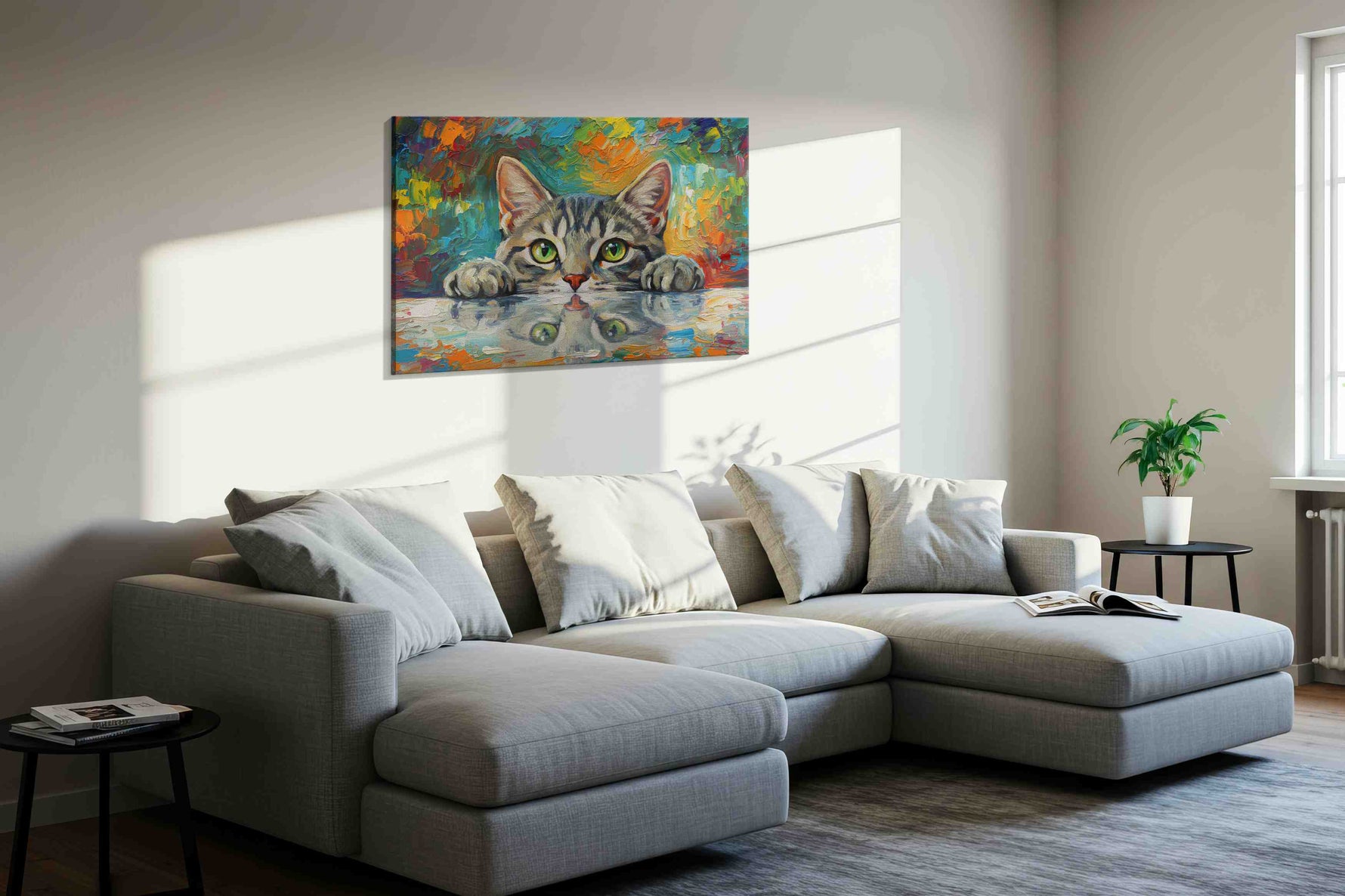 Curious Whiskers in Color cats canvas print, displayed in a living room