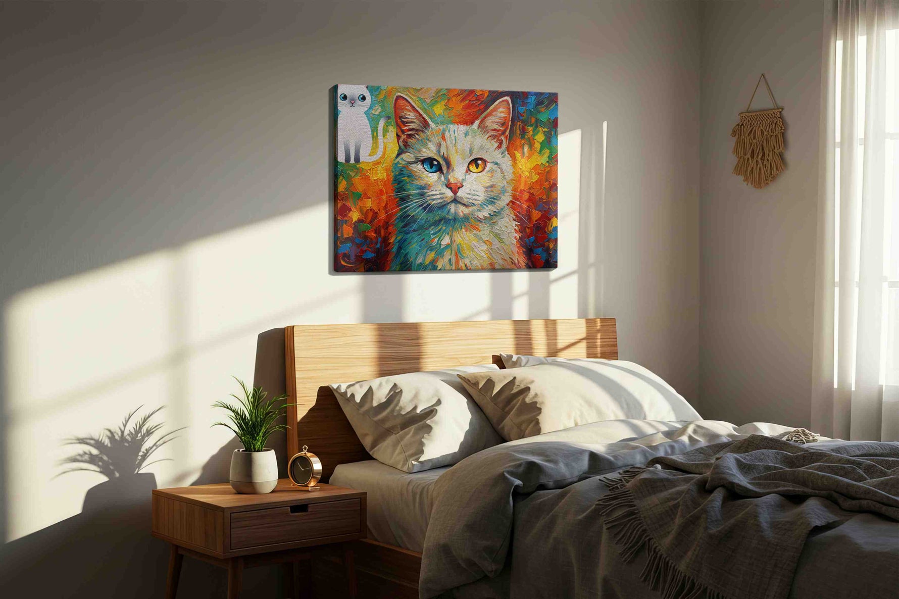 Ethereal Cat Kaleidoscope cats canvas print, displayed in a bedroom