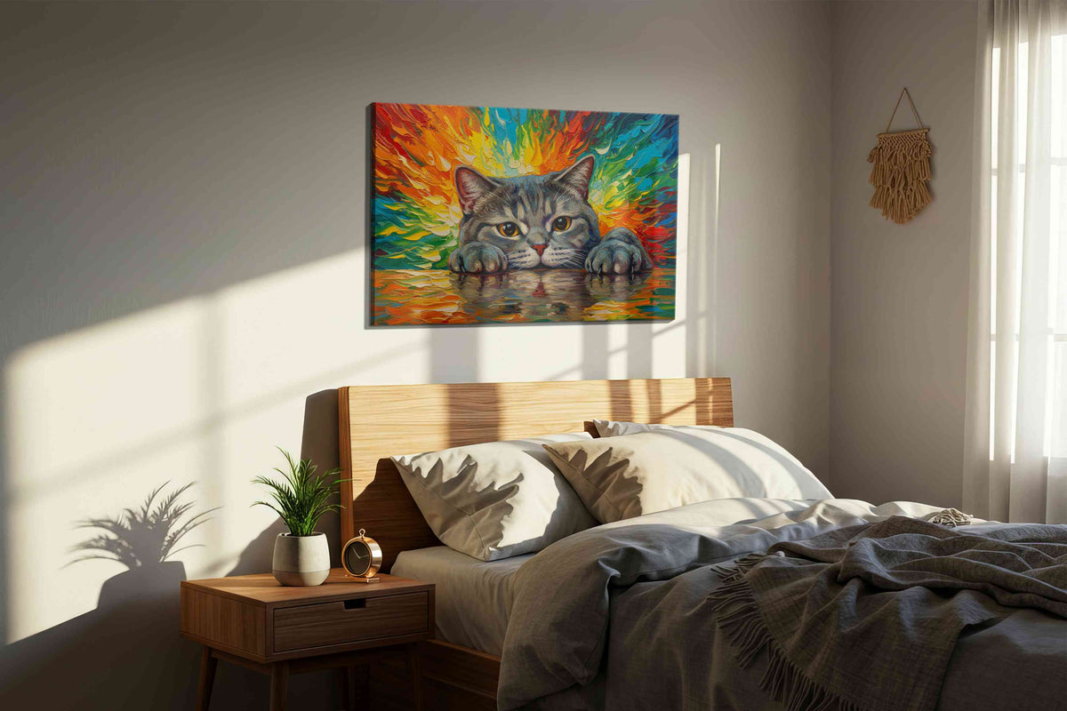 Feline Spectrum Reflections cats canvas print, displayed in a bedroom