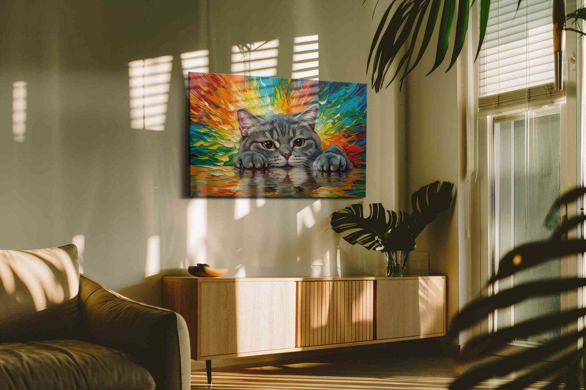 Feline Spectrum Reflections cats canvas print, hanging on wall — in a hung canvas mockup