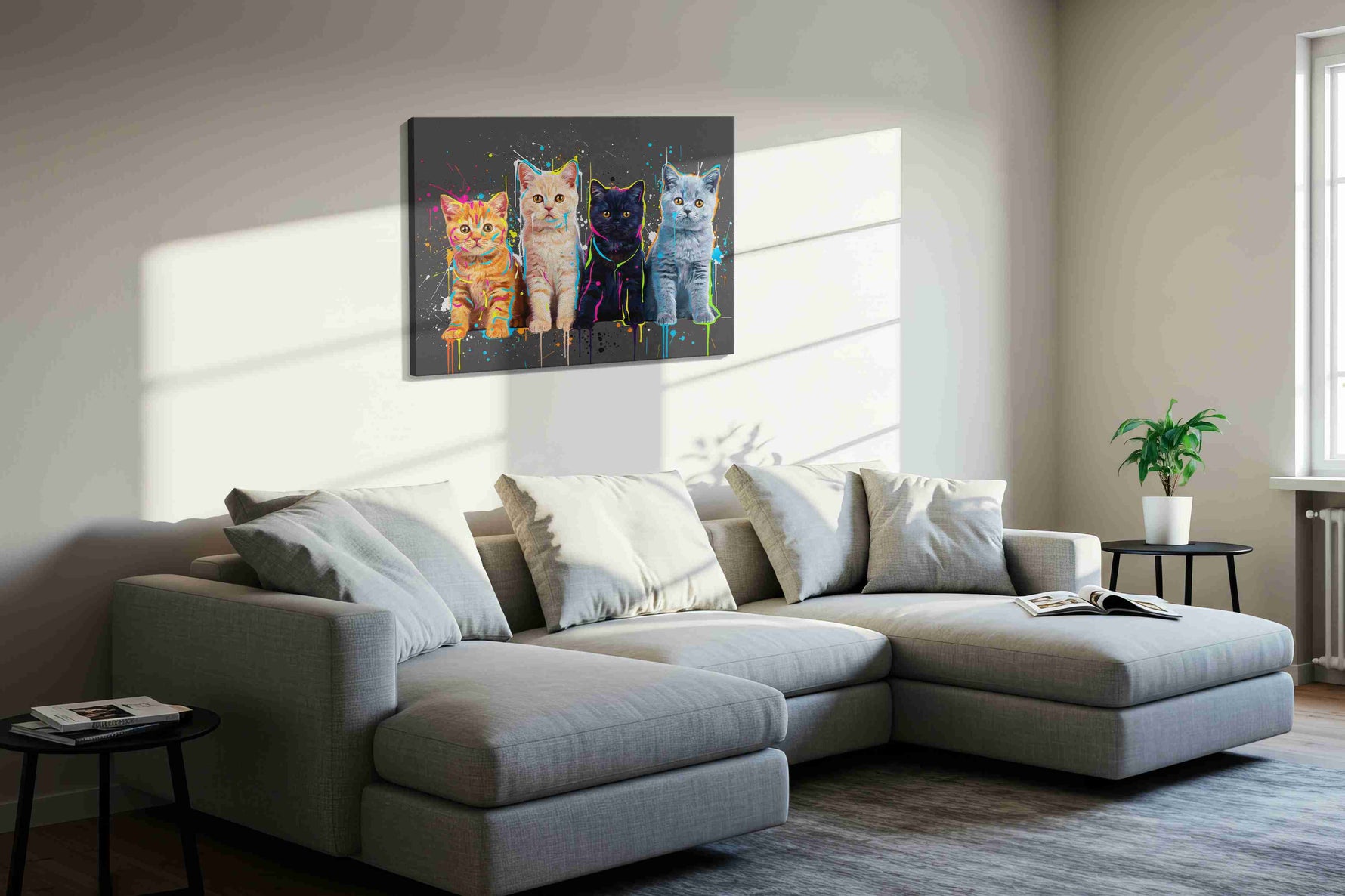 Feline Spectrum Symphony cats canvas print, displayed in a living room