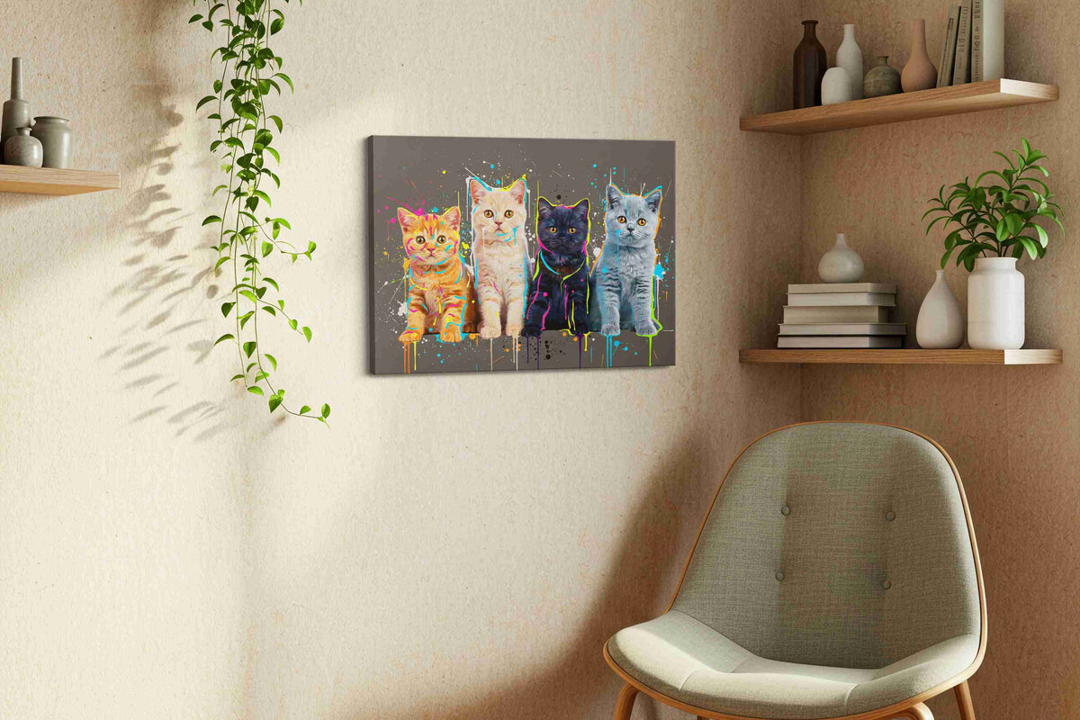 Feline Spectrum Symphony cats canvas print styled in a living room