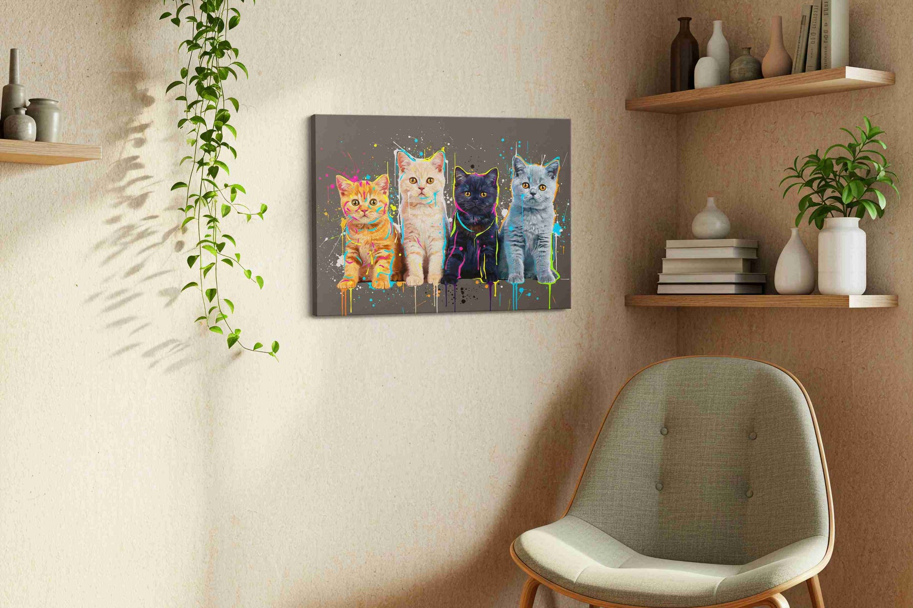 Feline Spectrum Symphony cats canvas print styled in a living room